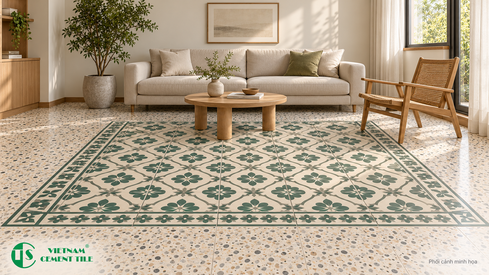Thảm gạch bông kết hợp gạch terrazzo lát nền Thảm gạch bông kết hợp gạch terrazzo lát nền
